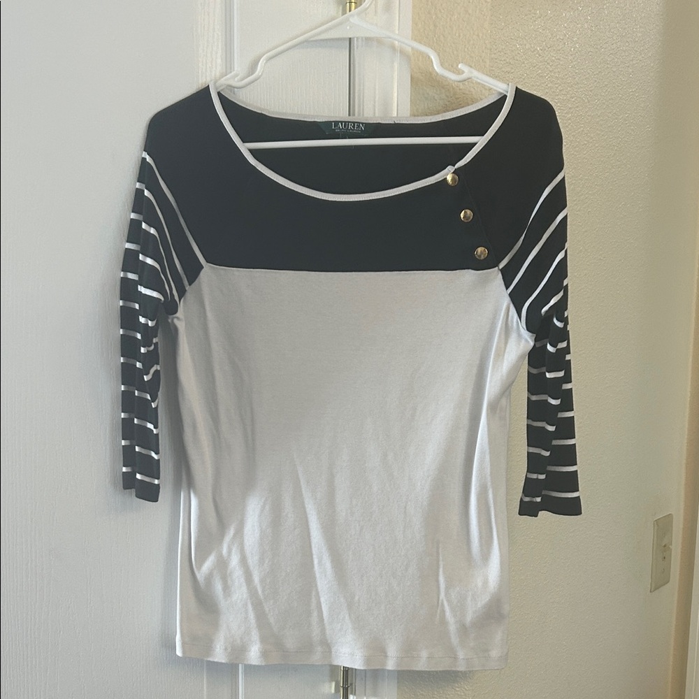 Ralph Lauren Black and White Button Accent Long Sleeve Top